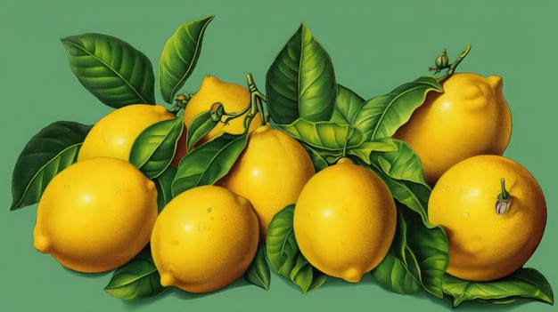 A bunch of lemons with green leaves