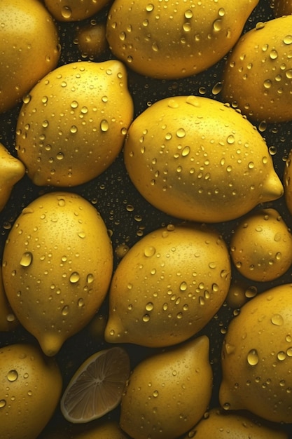 A bunch of lemons with rain drops on them