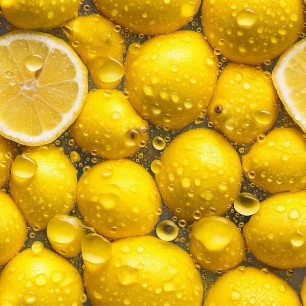 A bunch of lemons with water droplets on them