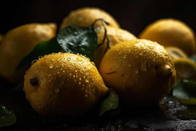 A bunch of lemons with water droplets on them