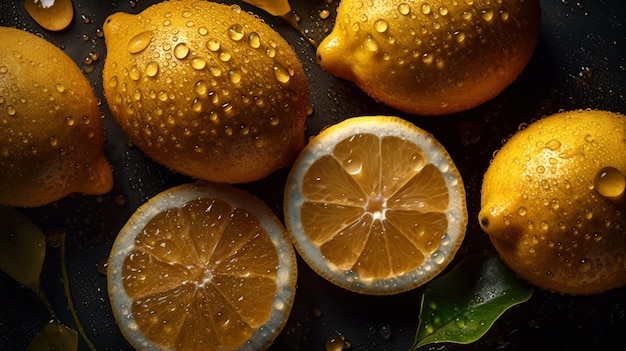 A bunch of lemons with water droplets on them