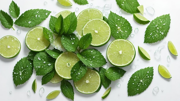 A bunch of limes and limes on a white background