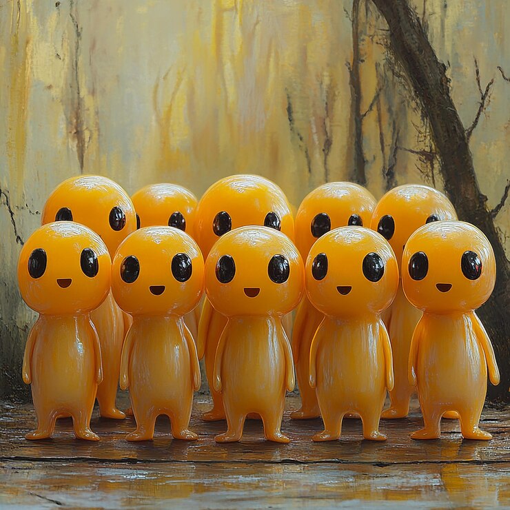 Photo a bunch of little yellow people gathered together with a spectacular background of deep yellow and