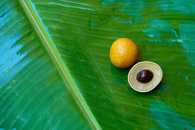 A bunch of longan branches on a green banana leaf