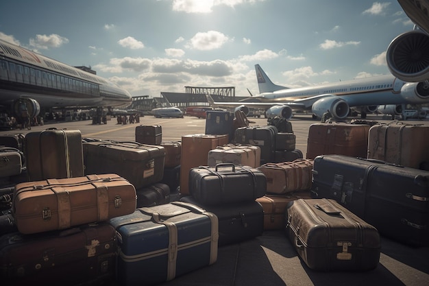 A bunch of luggage sitting on the tarmac with a plane in the background.