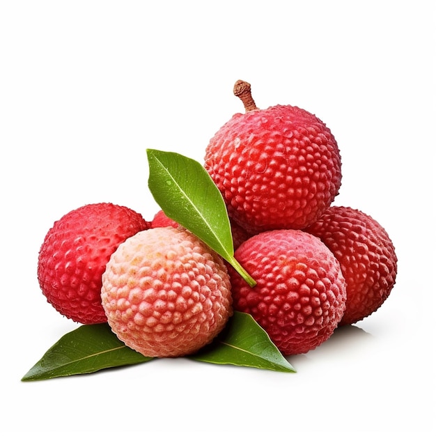 A bunch of lychee fruit with leaves on the top