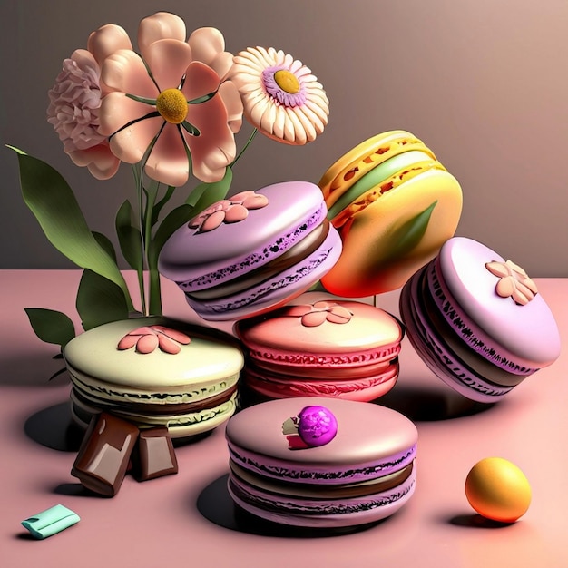 a bunch of macaroons and flowers on a table with chocolates and candy bars