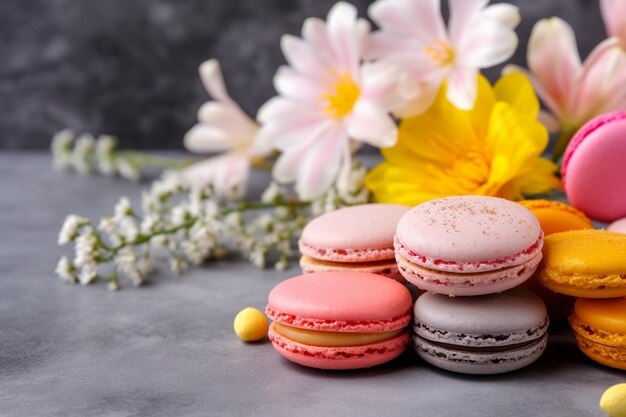 A bunch of macaroons and flowers on a table