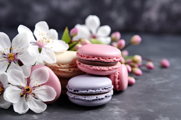 A bunch of macaroons with flowers on a gray background