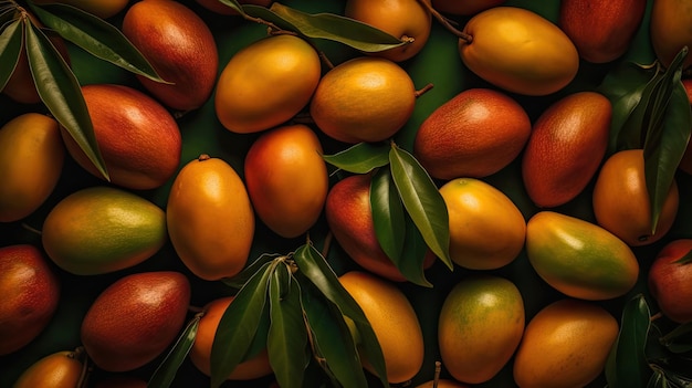 A bunch of mangoes are on a green background.