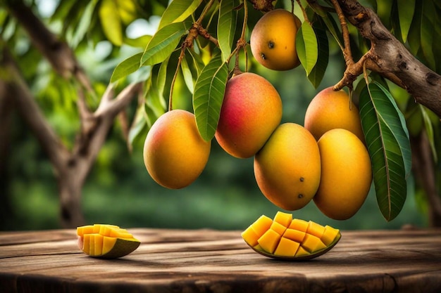 a bunch of mangoes are hanging from a tree