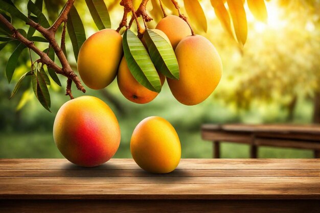 a bunch of mangoes are on a wooden table with the sun behind them