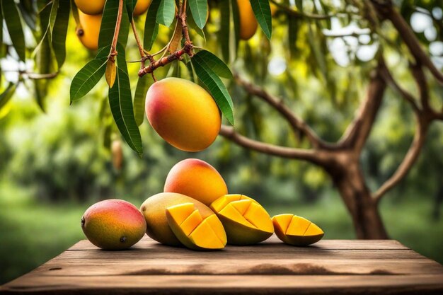 a bunch of mangoes are on a wooden table