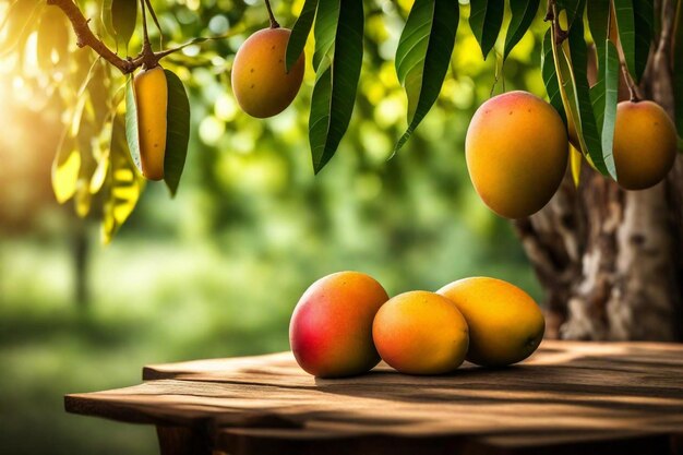 a bunch of mangoes are on a wooden table