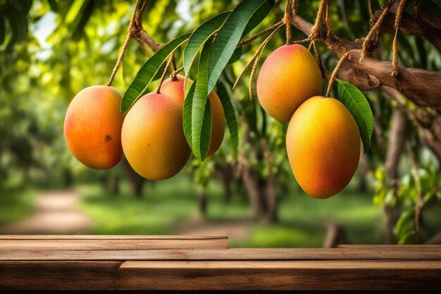 Photo a bunch of mangoes hanging from a tree branch