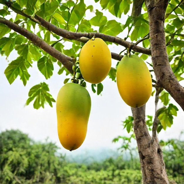 Photo a bunch of mangoes hanging from a tree with green leaves