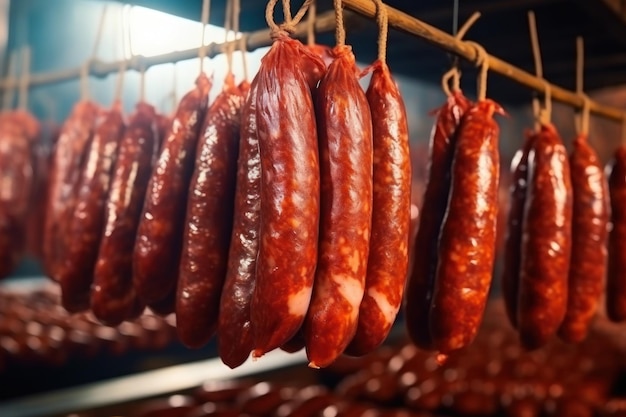 A bunch of meat hanging from a line Industrial smoking of sausages and meat products Farm sausage production