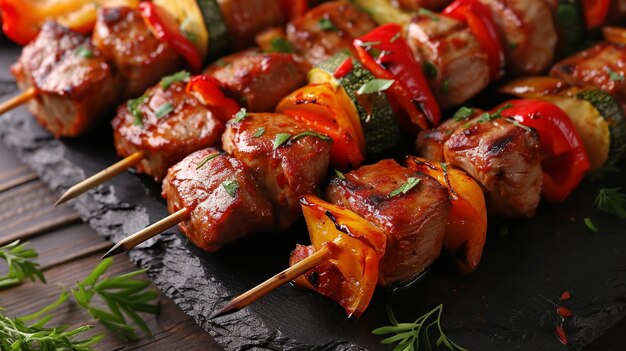 a bunch of meat skewers on a black plate