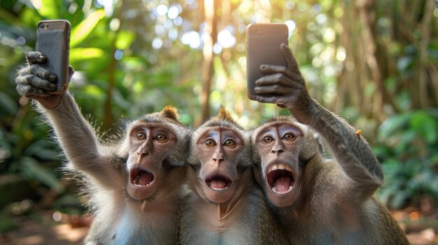 Photo a bunch of monkeys shooting selfies generative ai