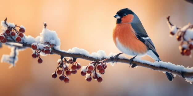 A bunch of mountain ash in winter on the snow winter photography bullfinch on a branch generative ai