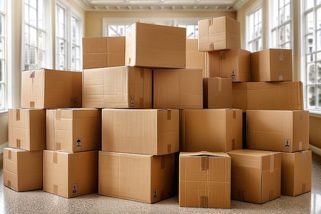 Photo a bunch of moving boxes in a house of all different types and sizes professional photography