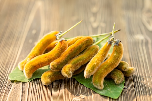 나무 테이블에 Mucuna pruriens의 무리