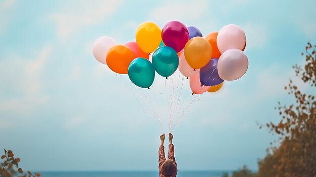 Photo a bunch of multicolored balloons with helium on a blue sky background