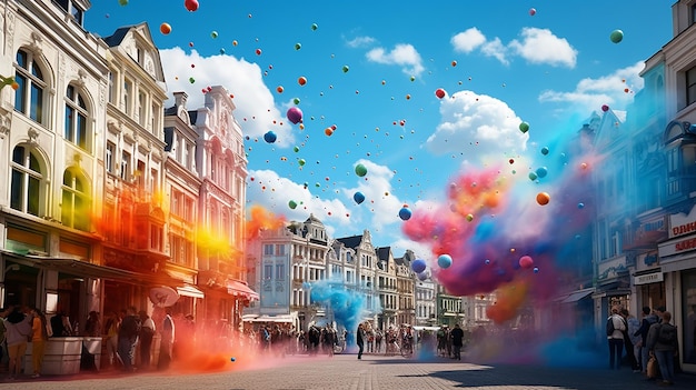 A bunch of multicolored balloons with helium on a blue sky background