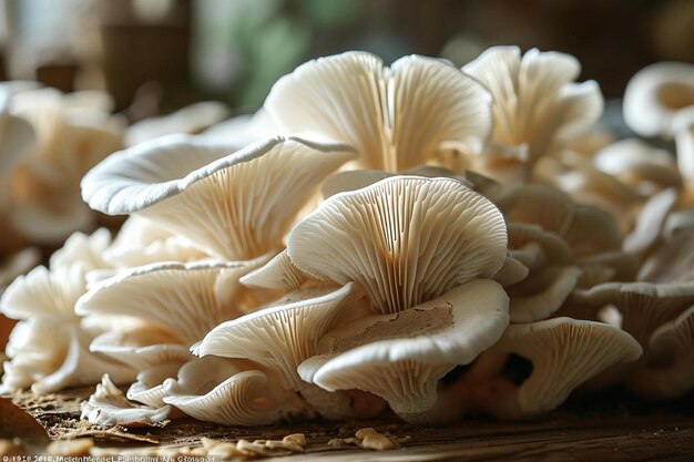 a bunch of mushrooms sitting on top of a wooden table