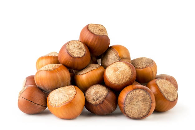 Photo a bunch of nuts hazelnuts in shell closeup on a white