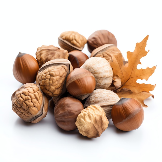 A bunch of nuts on a white background