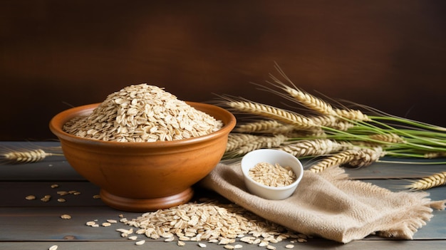 Bunch of oat ears and bowl of grains