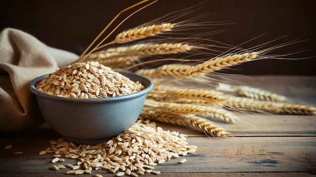 Foto mazzo di spighe d'avena e ciotola di cereali