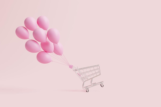 Фото Букет розовых воздушных шаров с металлической тележкой для покупок на розовом пастельном фоне. концепция скидки 3d.