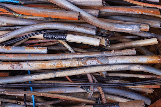 A bunch of old copper cables in a plastic sheath Front view