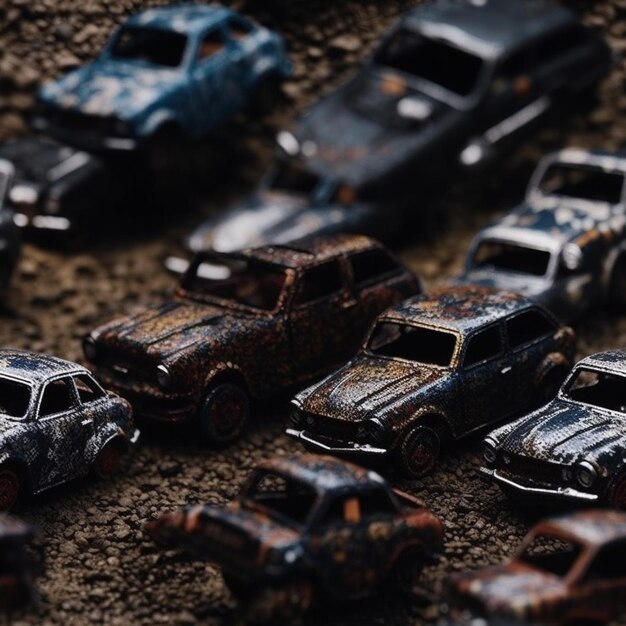 A bunch of old toy cars are on the ground