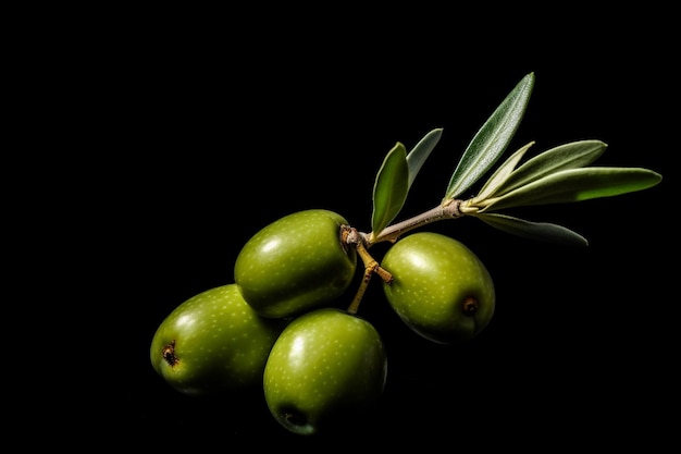 A bunch of olives are on a branch with leaves