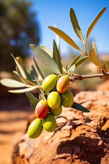 a bunch of olives are on a tree in a desert