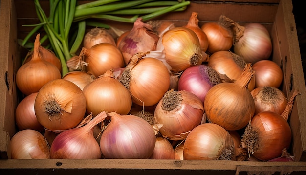 bunch of onions in a wooden box