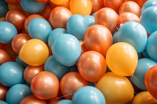 A bunch of orange and blue balloons are in a pile.