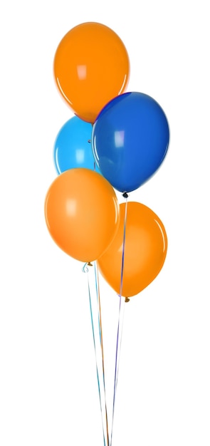 Bunch of orange and blue balloons on white background