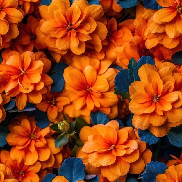 A bunch of orange flowers with blue leaves on them