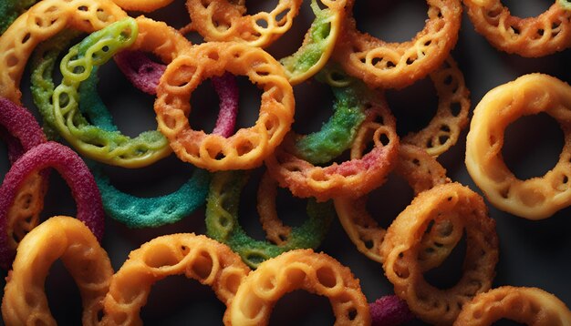 a bunch of orange and green crocheted buttons are stacked together