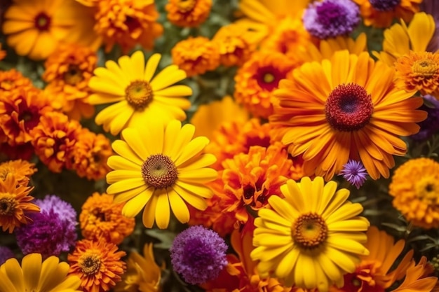 A bunch of orange and purple flowers with one orange flower in the middle