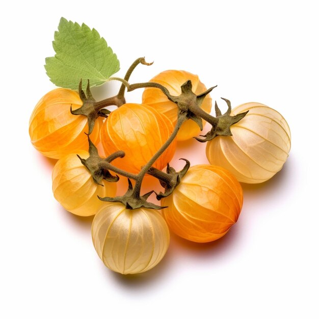 A bunch of orange and yellow fruit with a green leaf on it