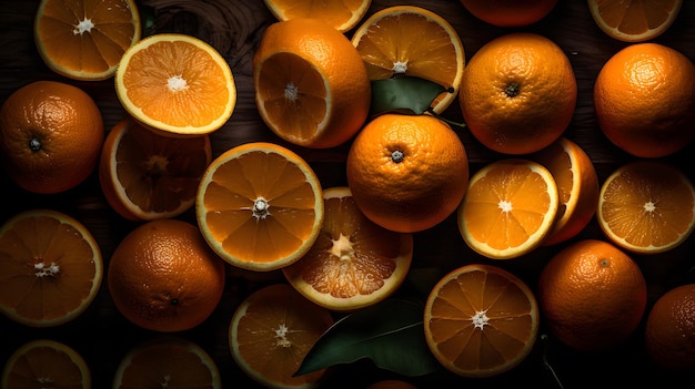 A bunch of oranges are on a table with one being cut in half.