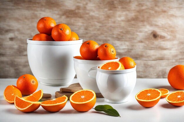 a bunch of oranges are on a table with one that has a bunch of oranges in it