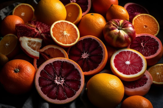 A bunch of oranges and a bunch of cut up blood oranges