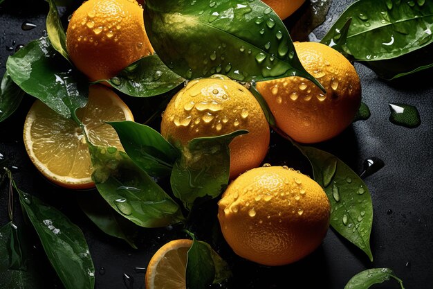 A bunch of oranges with green leaves on a black background