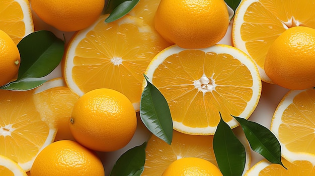 a bunch of oranges with green leaves on them